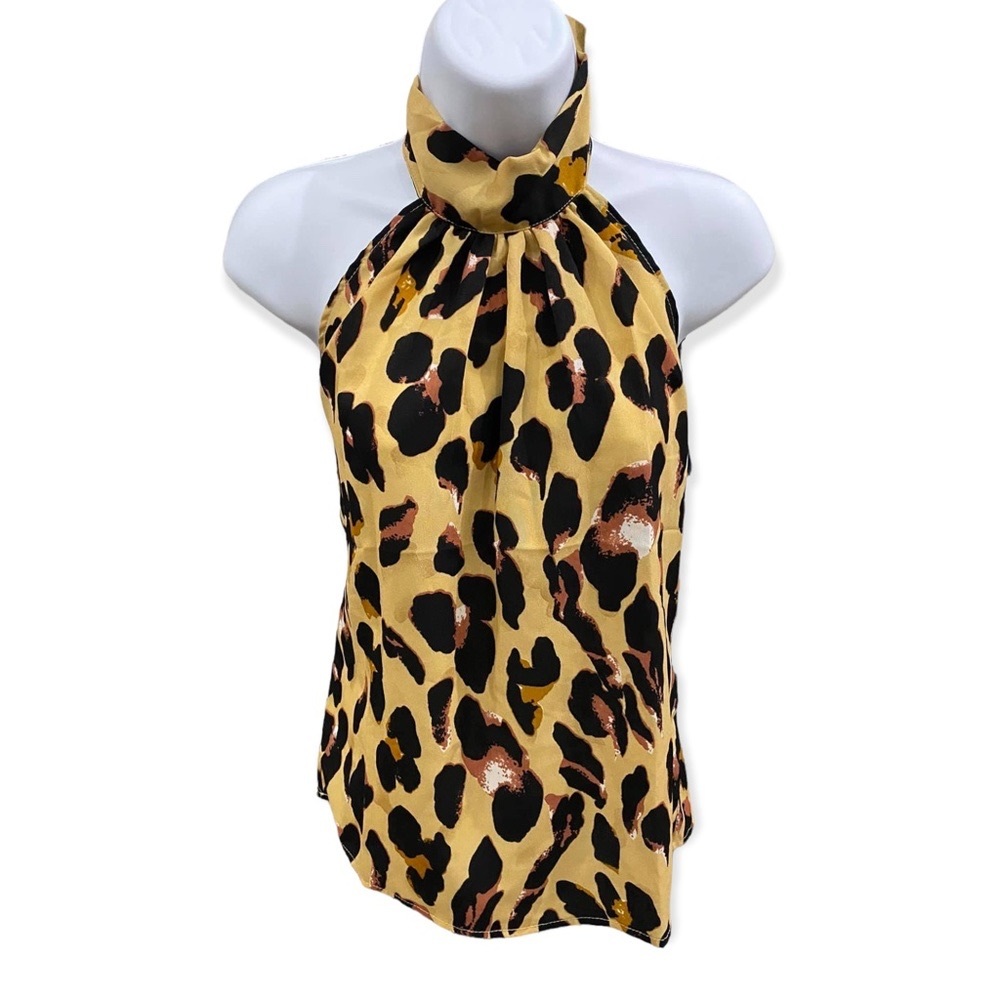 Sleeveless blouse top cheetah spot high neck spring summer fashion